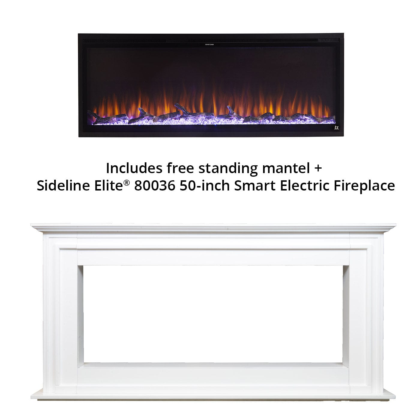 This freestanding mantel features a classic white mantel plus the Touchstone Sideline Elite 50 Smart ElectricFireplace