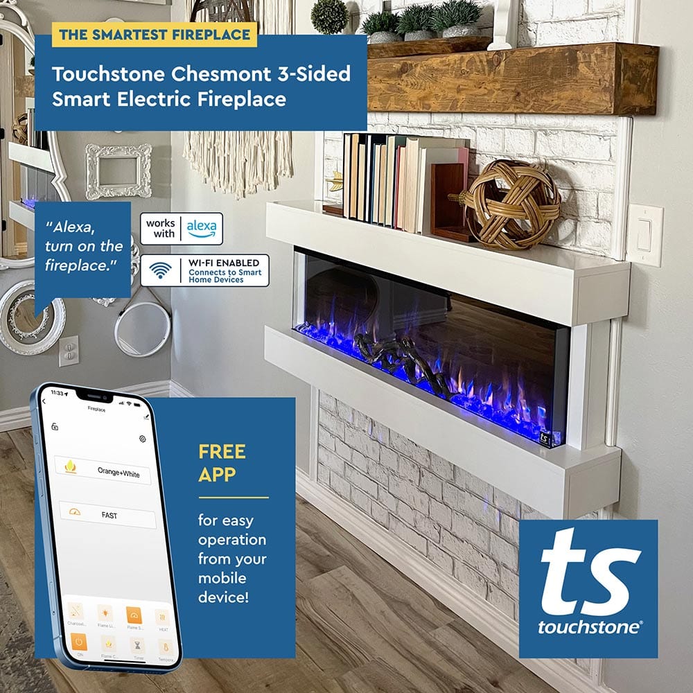 Touchstone Chesmont WiFi Enabled Smart Electric Fireplace can be operated by app, smart device or remote control. 