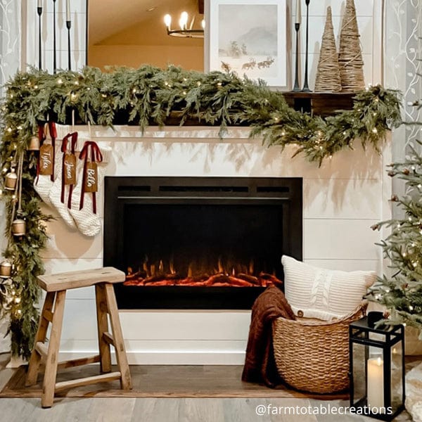 Touchstone Forte Steel Electric Fireplace with holiday decor by @farmtotablecreations