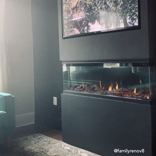 Touchstone Sideline Infinity 3 Sided Electric Fireplace in dark gray build out wall by @familyrenov8