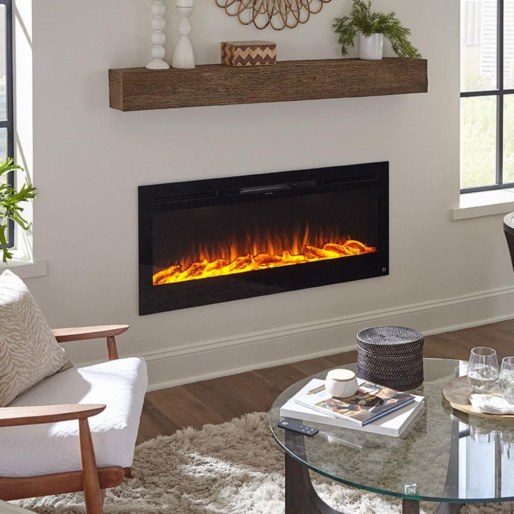 Closeup of Touchstone Sideline 50 Electric Fireplace with logs and orange LED flames