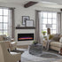 Touchstone Sideline Electric Fireplace with Encase mantel and orange/blue flames.