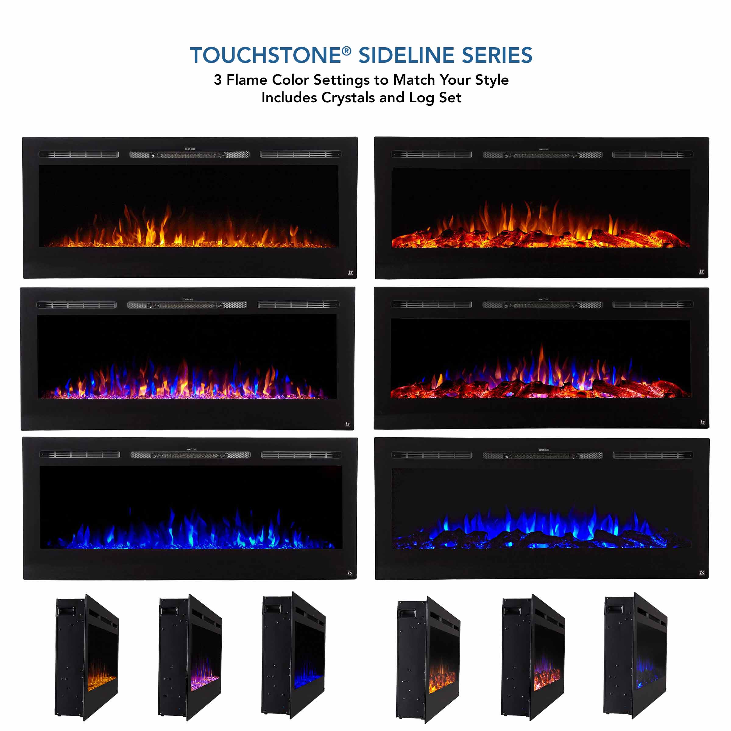 Touchstone Sideline Electric Fireplace Series flame colors and media options
