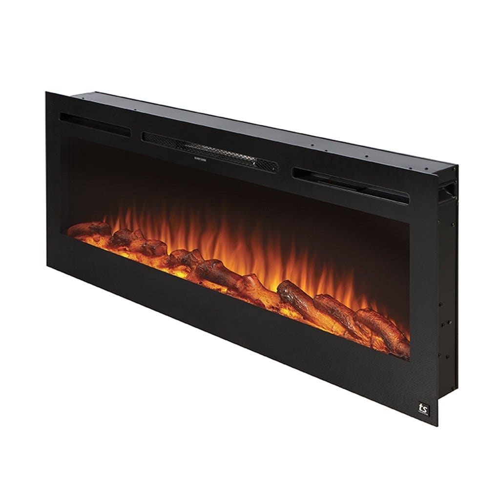 The slim Sideline Electric Fireplace can be inserted in the wall or hung directly on the wall. 