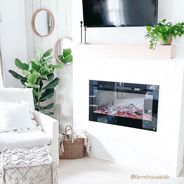 The Sideline 36 Electric Fireplace with light wood mantel by @farmhouseish