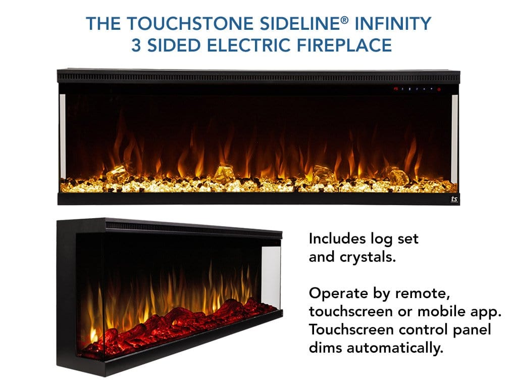 Touchstone Sideline Infinity 3 sided electric fireplace includes log set and crystals