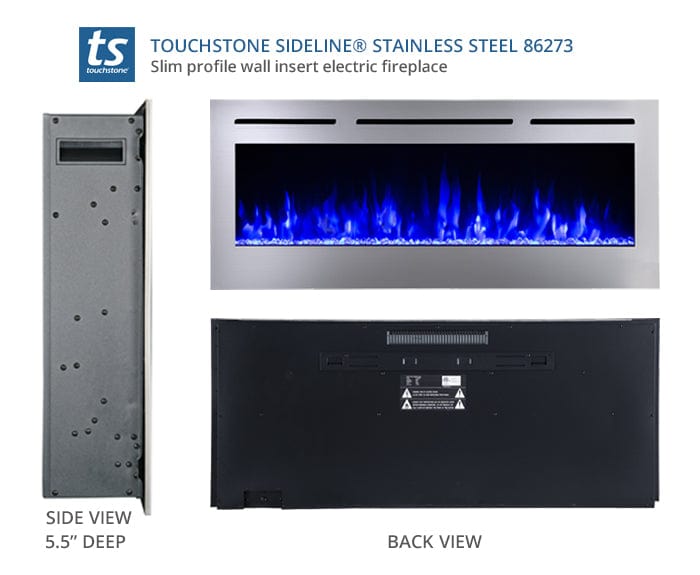 Side and back views of the 5.5 inch deep Touchstone Sideline Stainless Electric Fireplace