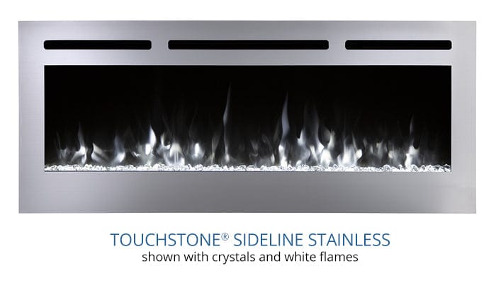 The Touchstone Sideline Stainless Electric Fireplace has 9 variable flame colors, including white flames for an ultramodern look
