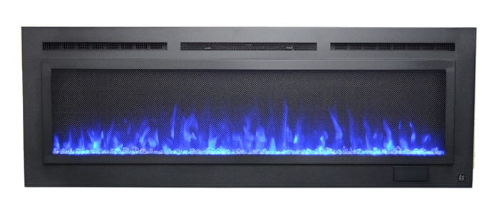 Screen front Touchstone Sideline Steel 60 Electric Fireplace 80047 shown with blue flames and crystals