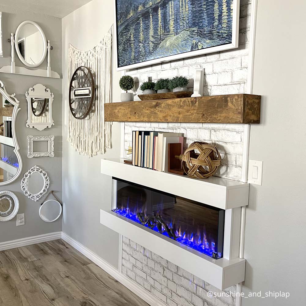 Touchstone Chesmont Wall Mount Mantel Smart Electric Firepalce in white brick accent wall by @sunshine_and_shiplap
